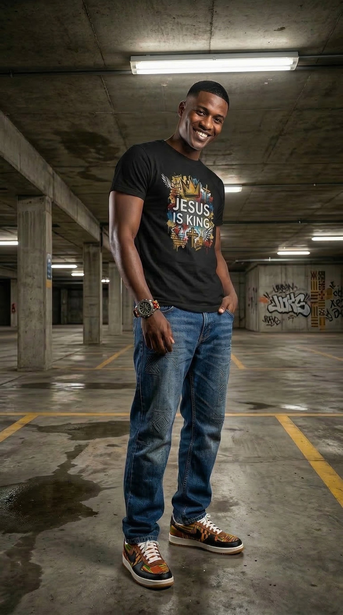 Jesus Is King Graphic Tee — Christian Crown & Cross Street Art T‑Shirt